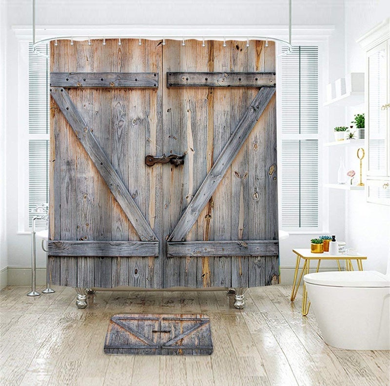 Riyidecor Rustic Barn Door Shower Curtain Farmhouse Wooden Wood Vintage Plank Country Decor Fabric Polyester Waterproof 72Wx72H Inch 12 Pack Metal Hooks - Image 2